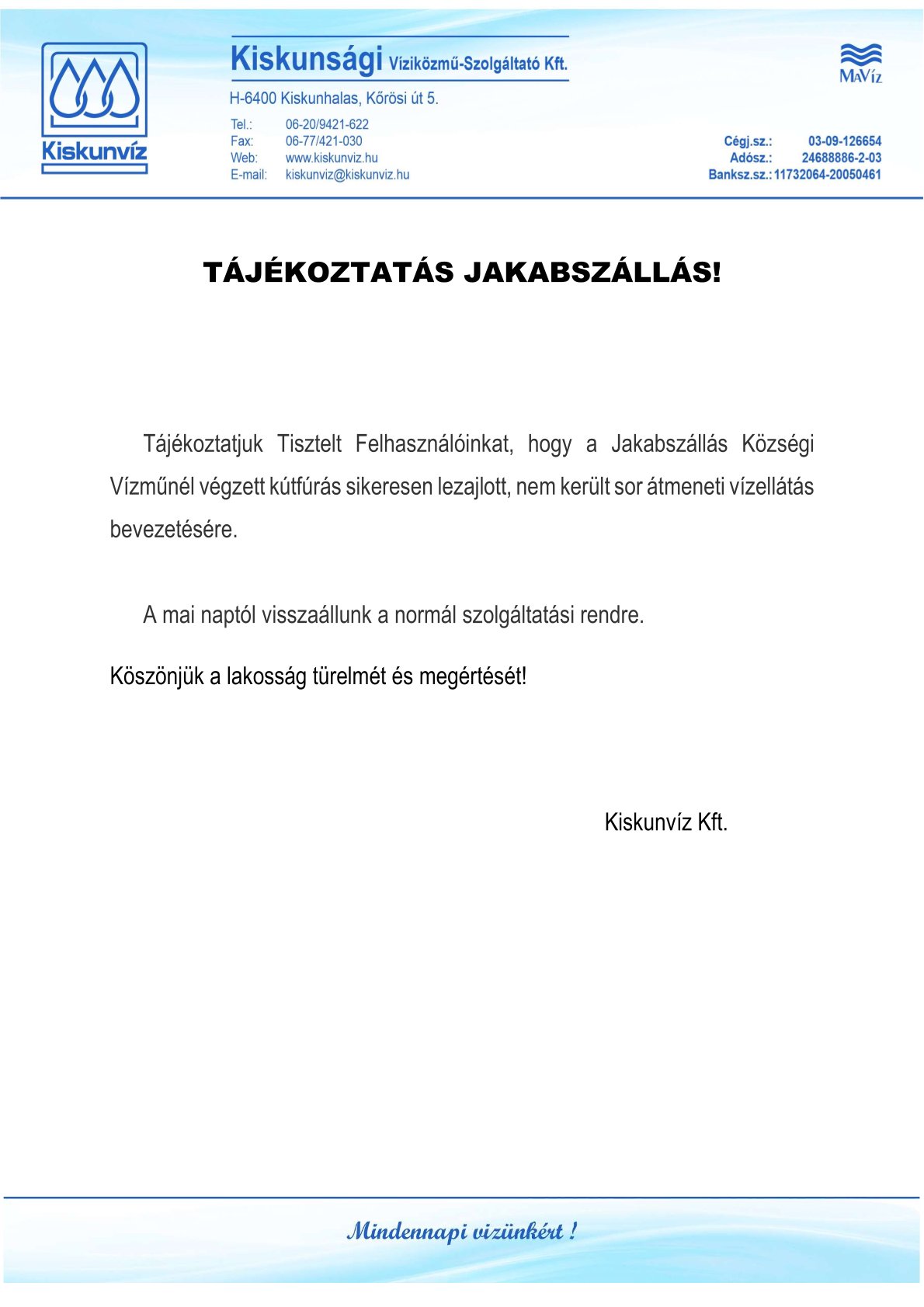 Lakossági tájékoztató - Jakabszállás